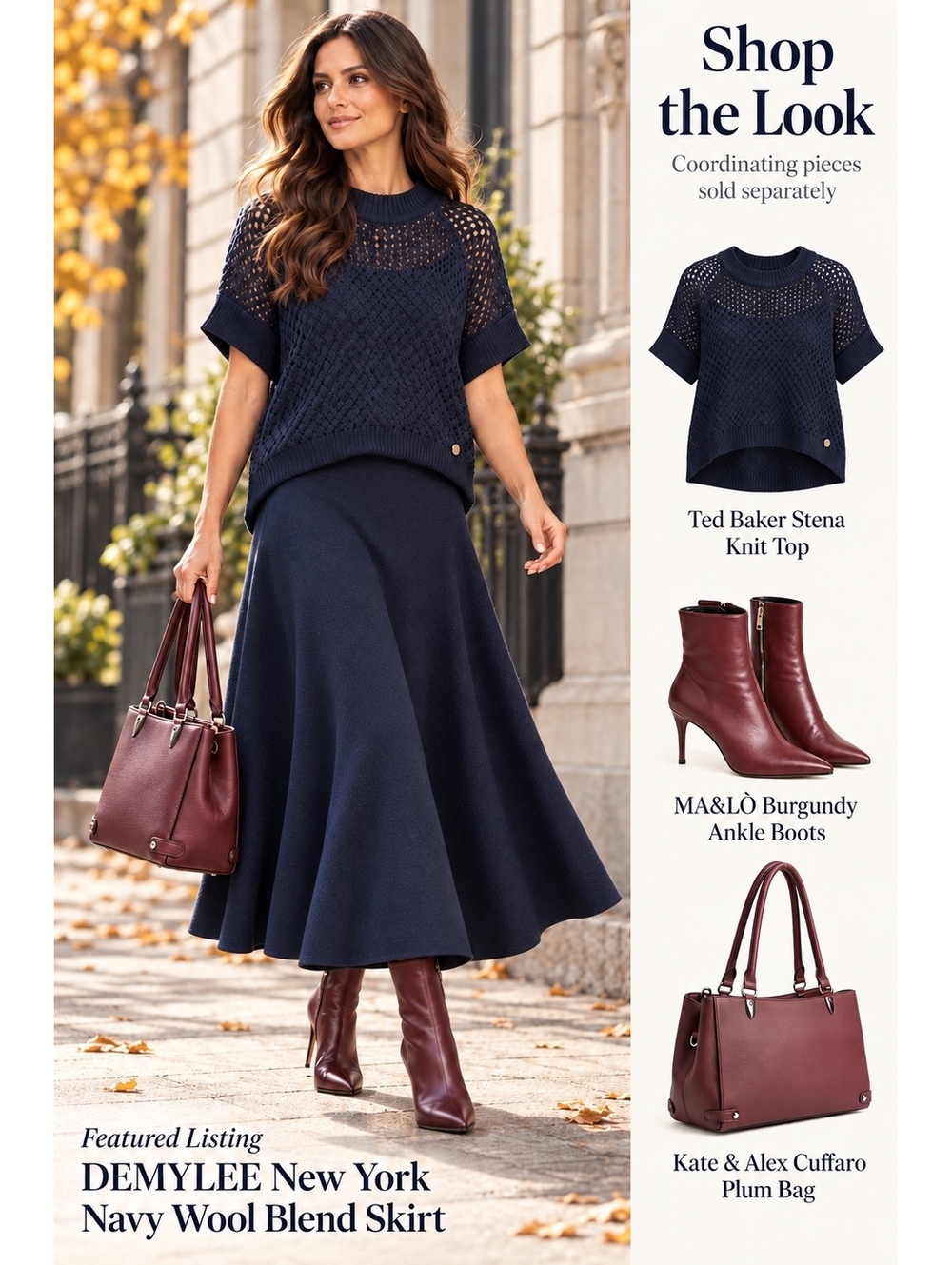 DEMYLEE New York Navy Wool Blend A-Line Midi Skirt Women's M Classic Luxury